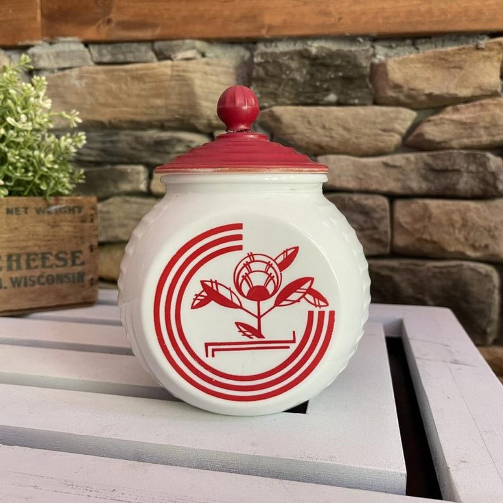 Fire King Vitrock Milk Glass Grease Jar - Red Circle & Flower w/ Red Lid
